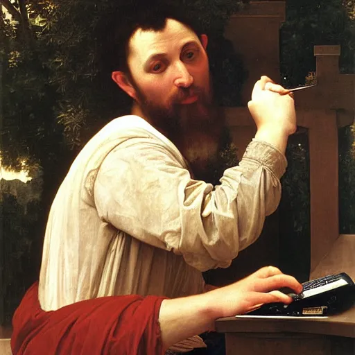 Image similar to an oil painting of an man playing a laptop, 1576 , by Bouguereau, highly detailed and intricate,