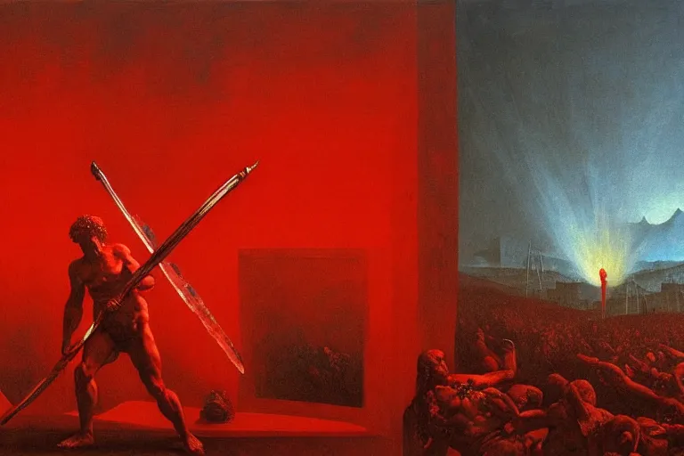 Image similar to only with red, a red melted apollo with a laurel wreath and a flaming sword announce the win, athens in the background, in the style of beksinski, part by hopper, part by rodcenko, part by hofbauer, intricate composition, red by caravaggio, insanely quality, highly detailed, masterpiece, red light, artstation