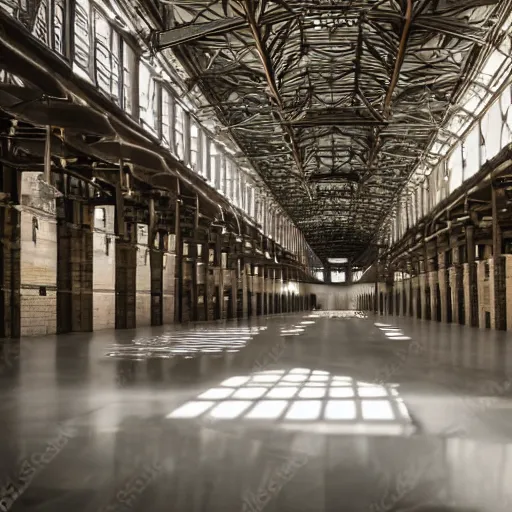 Prompt: interior of a large hstoric industrial hall with modern sculptures inside, dramatic lighting, phase one photo,