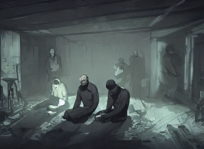 Prompt: several depressed men sit in a dark basement lit by a computer screen, artstation, messy basement background, doom, heads in hands