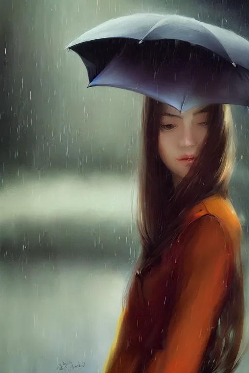 Prompt: A ultradetailed beautiful portrait panting of a stylish girl with an umbrella, rainy day, Oil painting, by Ilya Kuvshinov, Greg Rutkowski and Makoto Shinkai