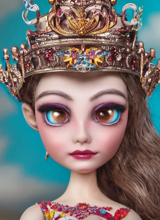 Image similar to closeup face profile portrait of tin toy fairytale princess wearing a crown, bikini, depth of field, zeiss lens, detailed, symmetrical, centered, fashion photoshoot, by nicoletta ceccoli, mark ryden, lostfish, breathtaking, 8 k resolution, extremely detailed, beautiful, establishing shot, artistic, hyperrealistic, octane render