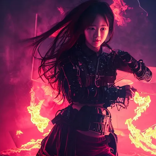 Prompt: a girl like yoona, casting fire spell, background cyberpunk spaceship, full shot, photo, geometries, Fibonacci volumetric lighting, epic composition, intricate details, dark neon punk, by denis villeneuve