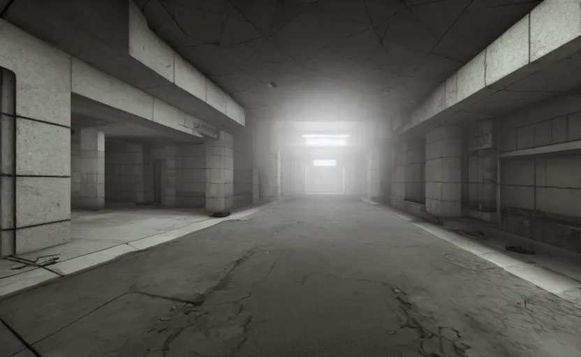 Prompt: in - game screenshot of a first person shooter on unreal engine 5, narrow modern hallways of a secret government facility, photorealistic, liminal, brutalism, minimalism, soft vintage glow