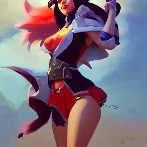 Image similar to greg manchess portrait painting of ahri as overwatch character, medium shot, asymmetrical, profile picture, organic painting, sunny day, matte painting, bold shapes, hard edges, street art, trending on artstation, by huang guangjian and gil elvgren and sachin teng