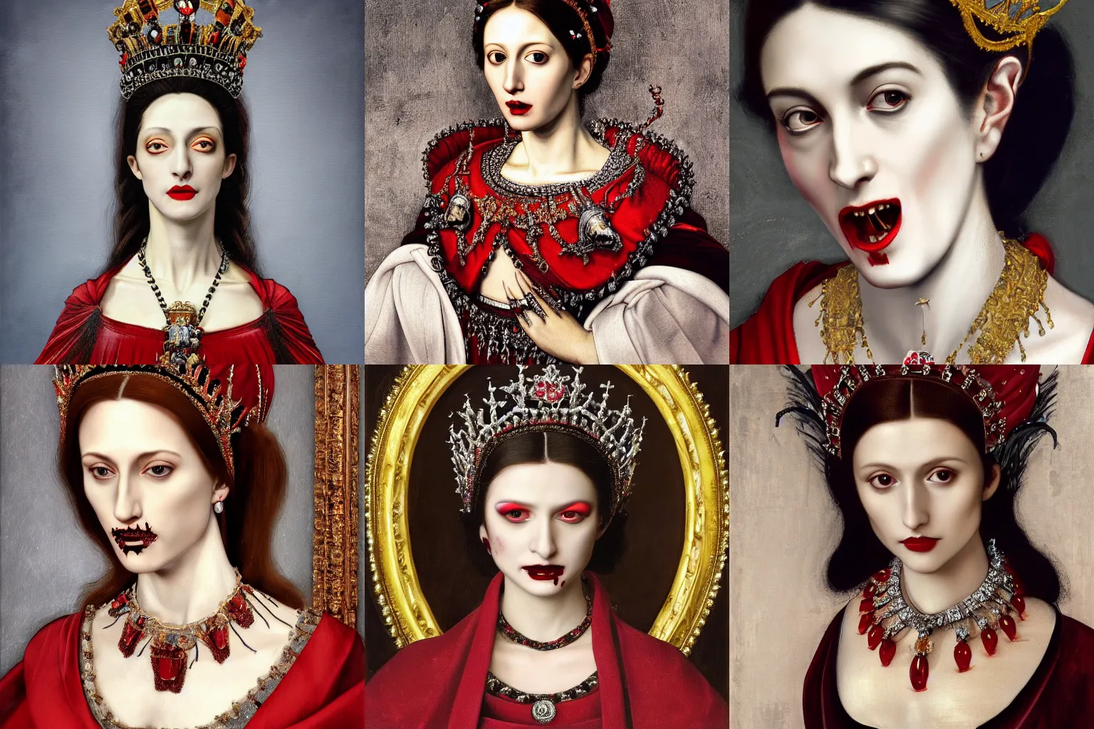 Image similar to A extremely highly detailed majestic hi-res beautiful immaculate head and shoulders painting of a beautiful bloody vampire woman with fangs wearing a long royal red silk dress, the crown jewels is on her head and around her neck is a ornate golden necklace decorated with diamonds and rupees by Michelangelo Merisi da Caravaggio, high detail, hyperrealistic, photorealistic, octante render, cinematic, high textures, royaltly, royal, hyper sharp, 4k insanely detailed and intricate, hypermaximalist, 8k, hyper realistic, super detailed, 4k HDR hyper realistic high,