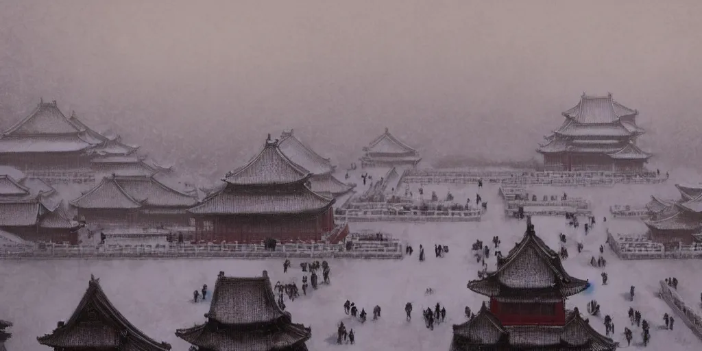 Prompt: forbidden city in snow, trending by greg rutkowski, view of expansive, fantasy