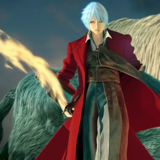 Image similar to a shot of dante from devil may cry in howl's moving castle movie, movie shot, anime, hightly detailed, rescalated 4 k, detailed