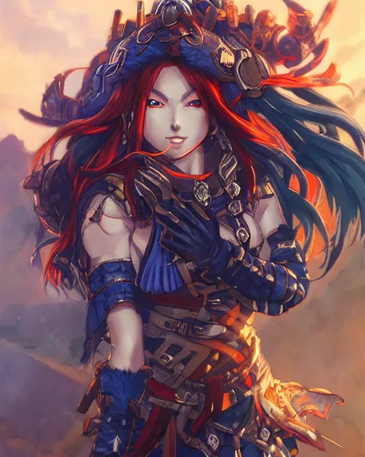 Image similar to An anime portrait of a beautiful D&D half-orc female with long wavy dark blue hair, bright orange eyes, intricate full body armour, fantasy soldier, by Stanley Artgerm Lau, WLOP, Rossdraws, James Jean, Andrei Riabovitchev, Marc Simonetti, and Sakimichan, highly detailed, ultra detailed, golden hour, trending on artstation, cgstudio