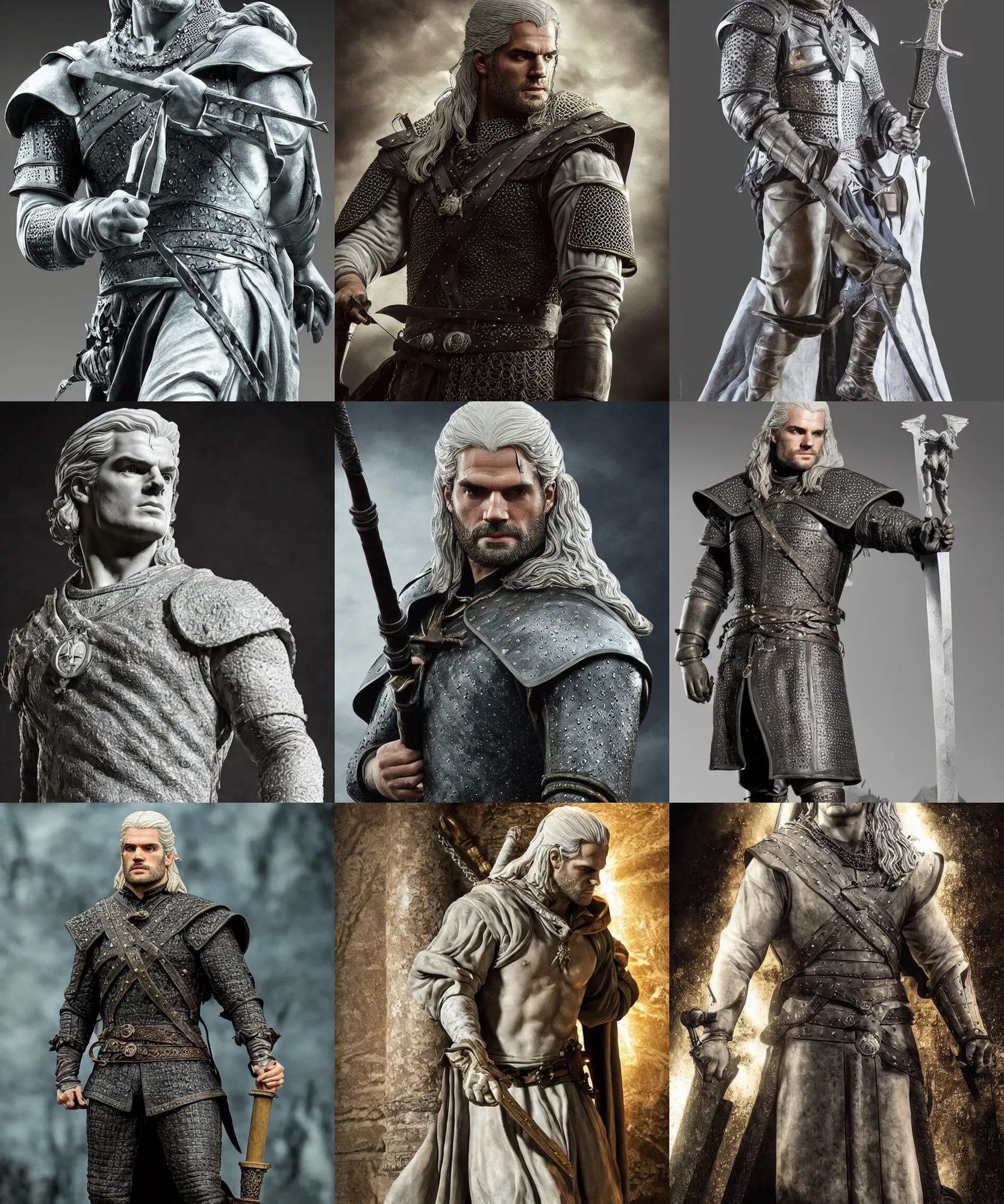 Prompt: marble statue of henry cavill as the witcher, rococo style, highly detailed, dramatic, dramatic lighting