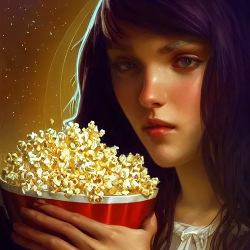 Image similar to Portrait of a box of popcorn, moon in the background, intricate, elegant, highly detailed, digital painting, artstation, concept art, smooth, sharp focus, illustration, art by artgerm and greg rutkowski and alphonse mucha