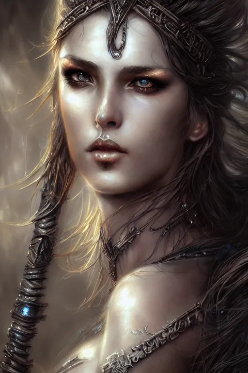 Image similar to a beautiful warrior girl, fantasy, portrait, sharp focus, intricate, elegant, digital painting, artstation, matte, highly detailed, concept art, illustration, ambient lighting, art by Luis Royo