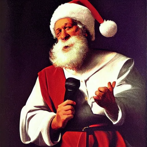 Prompt: Father Christmas sings at Eurovision Painted by Caravaggio