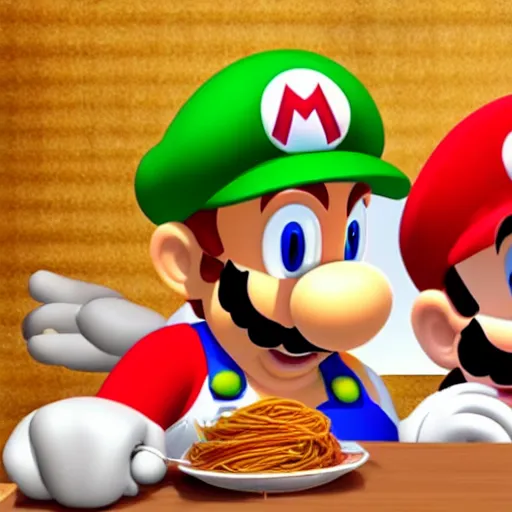 Prompt: photo of mario and luigi eating spaghetti at an italian restaurant
