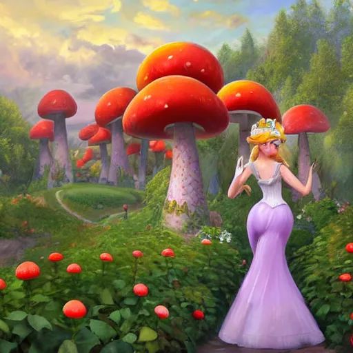 Image similar to portrait of princess peach from Mario, running up a hill of exotic flowers in the Mushroom Kingdom, giant red and white spotted mushrooms, and roses, from behind, Castle in distance, birds in the sky, sunlight and rays of light shining through trees, beautiful, solarpunk!!!, highly detailed, digital painting by Michael Garmash and Peter Mohrbacher