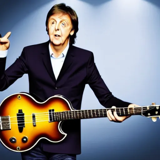 Image similar to Paul McCartney playing a Beatle guitar, 8k, high definition, highly detailed, photo-realistic