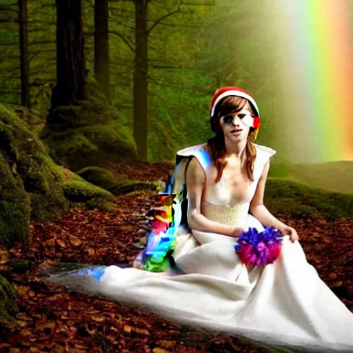 Prompt: emma watson as an elf wearing a long rainbow wedding gown sitting in a colorful forest