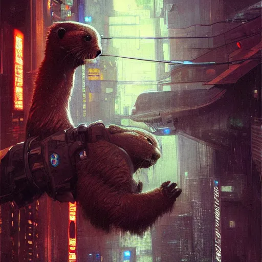 Image similar to hyperrealistic portrait of an athropomorphic otter wearing an astronaut outfit, bladerunner street, art of elysium by jeremy mann and alphonse mucha, fantasy art, photo realistic, dynamic lighting, artstation, poster, volumetric lighting, very detailed face, 4 k, award winning, cinematic lighting