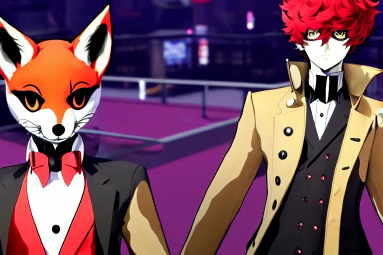 Image similar to in the persona 5 : royal ( by atlus ) video game casino level, a furry male sandcolored tan fox fursona ( has hair ), persona 5 phantom thief style