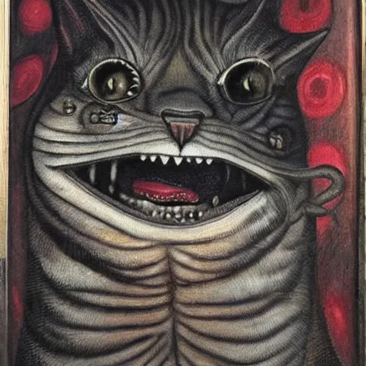 Image similar to painting by h. r. giger, cat going absolutely insane, freaking out, cat subject, psychopathic tendencies