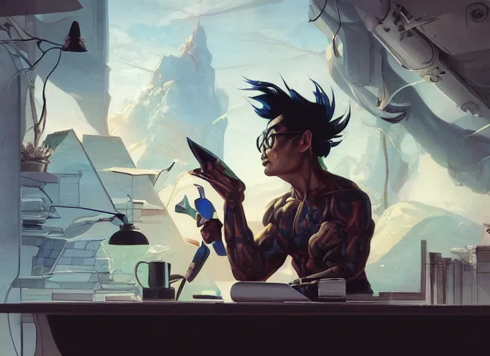 Image similar to an insanely detailed painting of an asian man wearing a homemade superhero costume, sitting at a desk, staring seriously at the computer and typing, in the style of peter mohrbacher, james jean, artgerm, dramatic lighting and composition, surreal background, octane render, pixar, trending on artstation, concept art, comic book, view from behind, 8 k