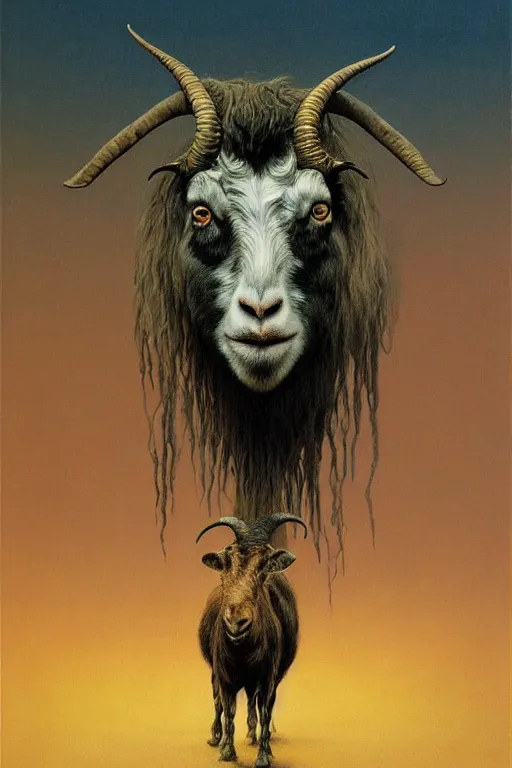 Image similar to painting of hybrid between human andy milonakis and a goat, by zdzislaw beksinski, by tiffany bozic, cold hue's, warm tone gradient background, concept art, beautiful composition, digital painting