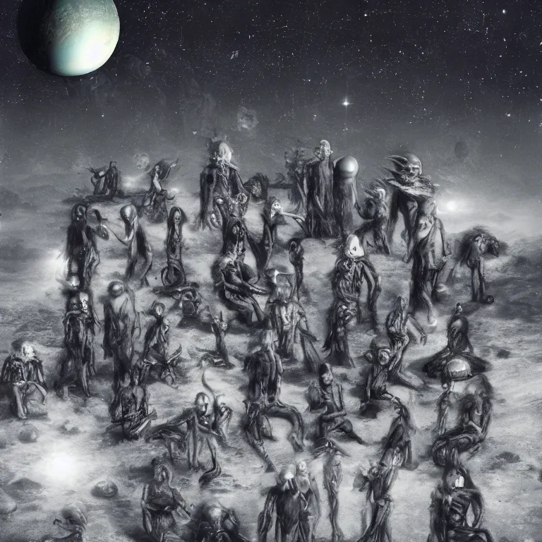 Prompt: old photo portrait of group of surreal aliens on exoplanet