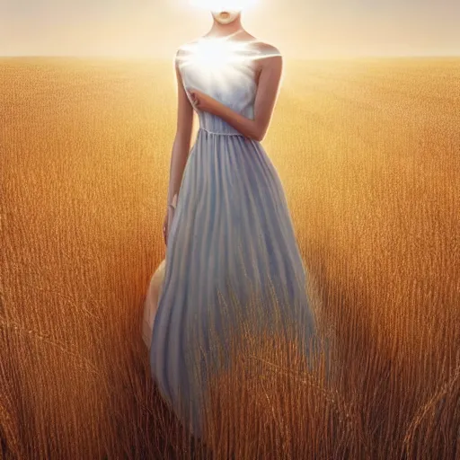 Image similar to close-up shot, a beautiful painting of a girl in a airy semi-transparent thin light dress standing in the glowing wheat fields, mystical setting, afternoon sun, long shadows, photo from the back, by Mark Ryden, artgerm, Bekzinski, WLOP, Felix Kelly and Ross Tran, trending on artstation