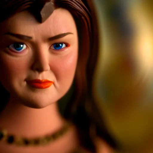 Prompt: a cinematic film still of a claymation stop motion film starring young lucy lawless as xena warrior princess, brunette hair, shallow depth of field, 8 0 mm, f 1. 8