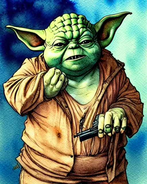 Image similar to a realistic and atmospheric watercolour fantasy character concept art portrait of a fat adorable dirty chibi yoda wearing a wife beater and holding a handgun, by rebecca guay, michael kaluta, charles vess and jean moebius giraud