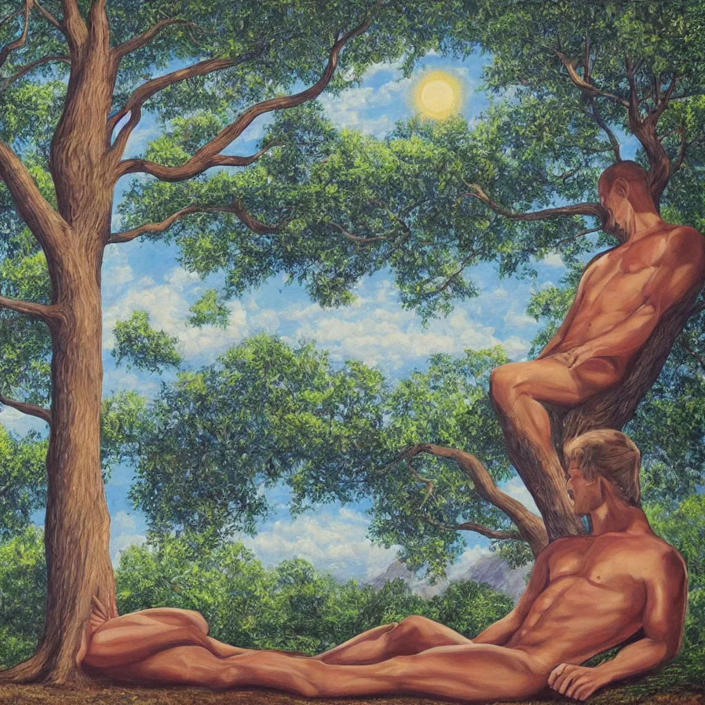 Image similar to painting of a peaceful man relaxing under a tree by alex grey, acrylic art, calm, soothing, cosy, elegant, soft light,