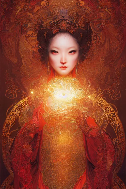 Image similar to tarot card artstation, portrait of an asian love dancer, sunrise, baroque ornamnet and rococo ornament, ancient chinese ornate, hyperdetailed, beautiful lighting, craig mullins, mucha, klimt, yoshitaka amano, red and gold and orange color palatte