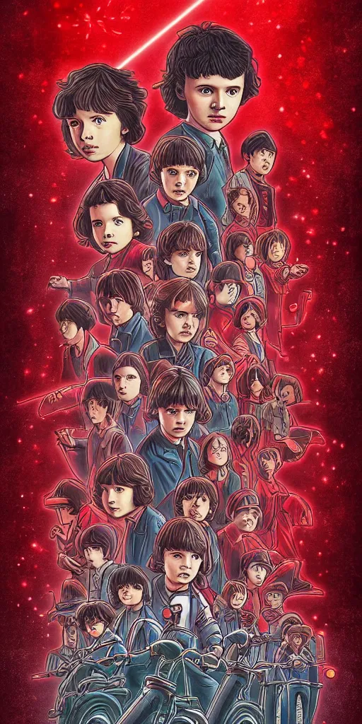 Prompt: a stranger things promotional poster in the style of miyazaki studio Ghibli. Red and black. Anime manga