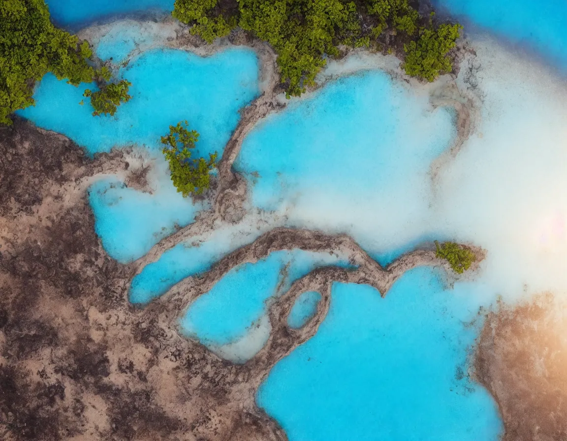 Image similar to photo of ultra realistic blue lagoon with exotic tree heart / shaped sandy beach island, sunset lighting