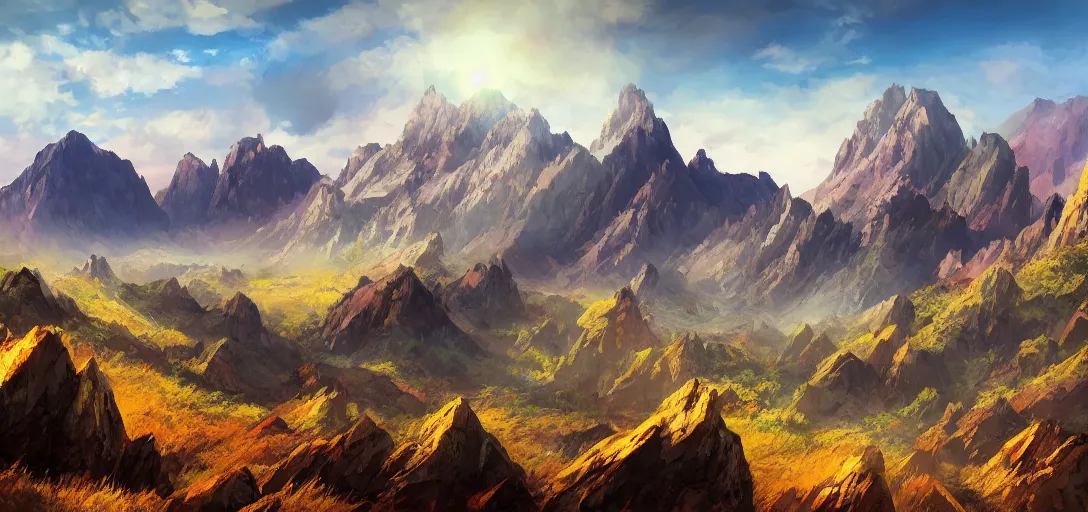 Prompt: vast mountain landscape, craggy mountains, magic the gathering, three - colors, three - color color palette, panoramic, wide angle, horizon, 4 k