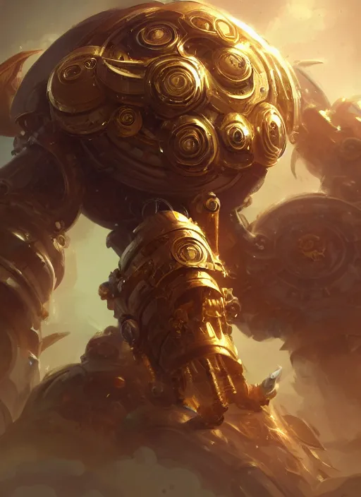 Prompt: a highly detailed illustration of gentle colossal golden mechanical giant, with cute doting eyes, intricate, elegant, highly detailed, centered, digital painting, artstation, concept art, smooth, sharp focus, league of legends concept art, wlop.