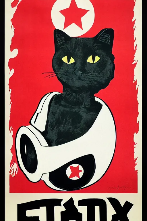 Prompt: 1934 communist screen print poster of a cat in a VR helmet