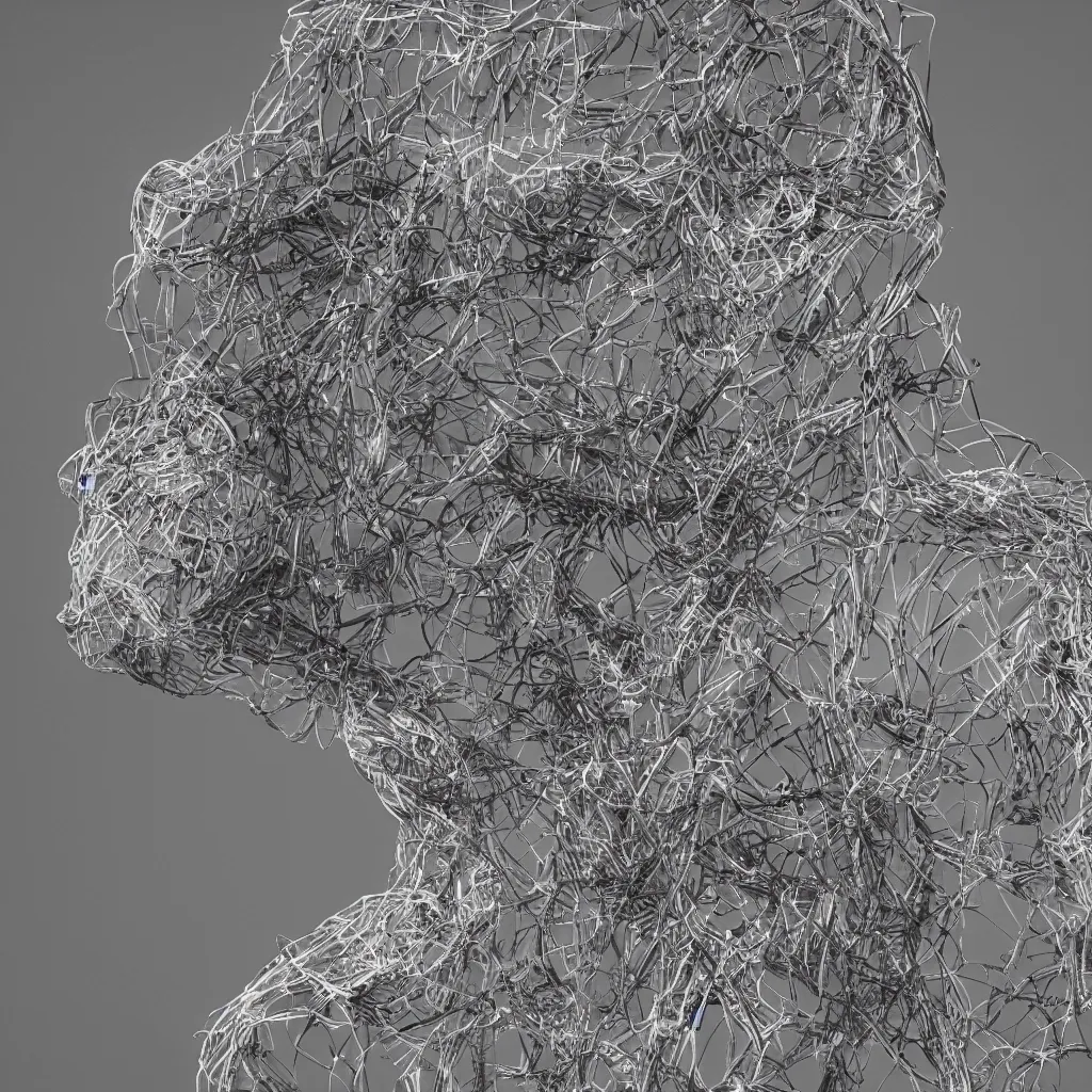 Image similar to 3 d render of a wireframe of a melted human head, sculpture, chrometype, liquid metal, neotribal, raytraced, volumetric lightning, 8 k, by zhelong xu, ouchh and and innate studio