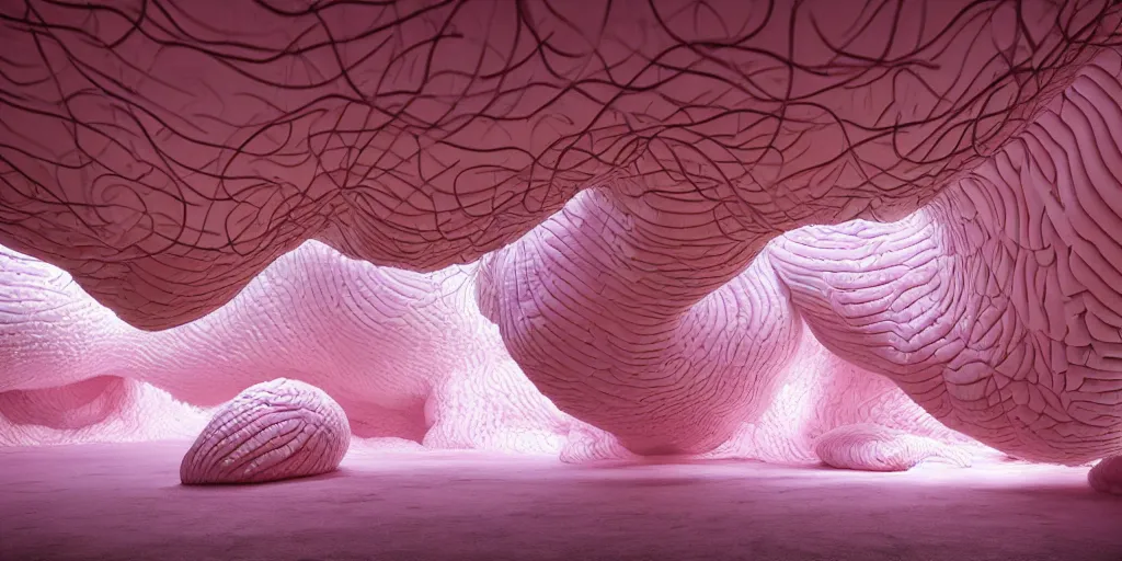 Prompt: biomorphic inflated latex structures by ernesto neto, light - mint with light - pink color, 4 k, insanely quality, highly detailed, film still from the movie directed by denis villeneuve with art direction by zdzisław beksinski, telephoto lens, shallow depth of field