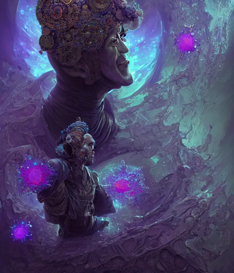 Image similar to front!!! shot of a court jester!!! character, mesmerizing fractal hypercubes, dark holography!!!, future, oil slick nebula, crystalline edges, (((intricate))), elegant, highly detailed, centered, (((artstation, concept art, smooth, sharp focus, artgerm, Tomasz Alen Kopera, Peter Mohrbacher, donato giancola, Joseph Christian Leyendecker, WLOP, Boris Vallejo))), ((raytracing)), mugshot!!!!!, ugly!!!!!!, octane render, nvidia raytracing demo, octane render, nvidia raytracing demo, octane render, nvidia raytracing demo, grainy, muted, 8K, digitalblasphemy, metatron