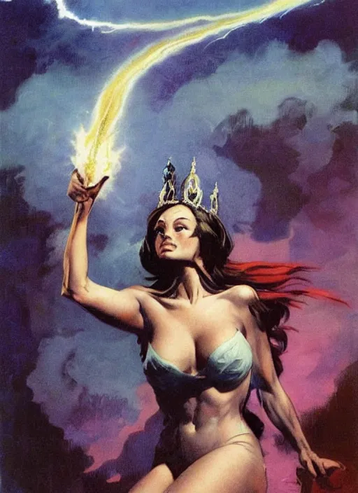 Prompt: mighty plump female sorceress, blue tiara, lightning strike above head, strong line, muted color, beautiful! coherent! by frank frazetta, by brom