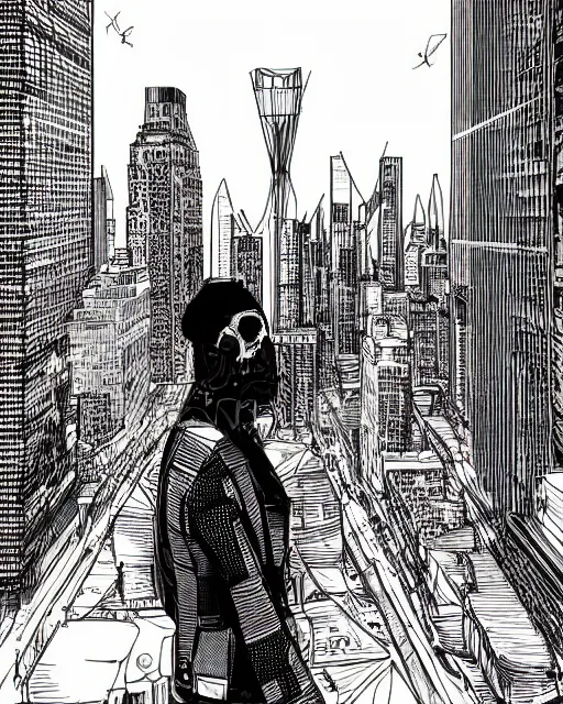 Image similar to cypherpunk fashion illustration, camera face, black and white, manga, city street background with high tall buildings, central park, abstract landscape, highly detailed, finely detailed