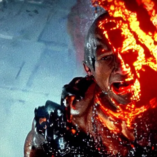 Image similar to film still of dwayne johnson descending into a molten metal pooll with chains and giving a thumbs - up in terminator 2 1 9 9 1, epic, volumetric lighting, hd, 8 k