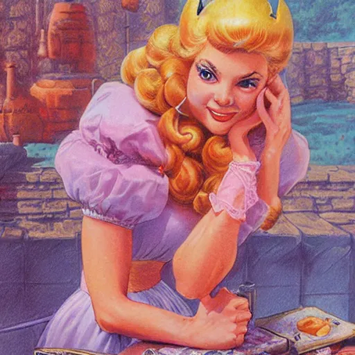 Prompt: Princess Peach, artwork by Earl Norem,