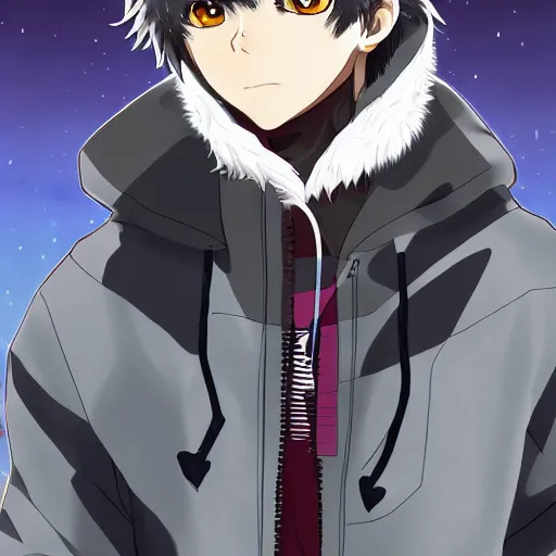 Image similar to key anime visual portrait of an anthropomorphic anthro wolf fursona, in a jacket, with handsome eyes, official modern anime art