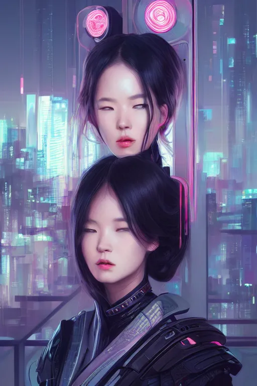 Image similar to portrait futuristic Samurai Girl, in future cyberpunk tokyo rooftop , ssci-fi, fantasy, intricate, very very beautiful, elegant, neon light, highly detailed, digital painting, artstation, concept art, smooth, sharp focus, illustration, art by tian zi and WLOP and alphonse mucha