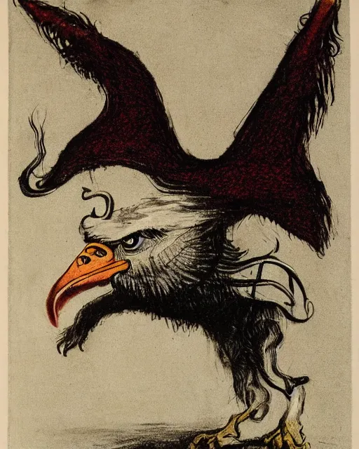 Image similar to a creature with the body and eyes of a man, with the beak of an eagle and the horns of an ox. drawn by francis bacon