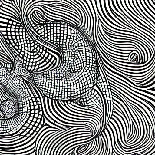 Prompt: fishes turning into octopuses, M.c. Escher, simple, interlocking geometric shapes, black and white, 4k