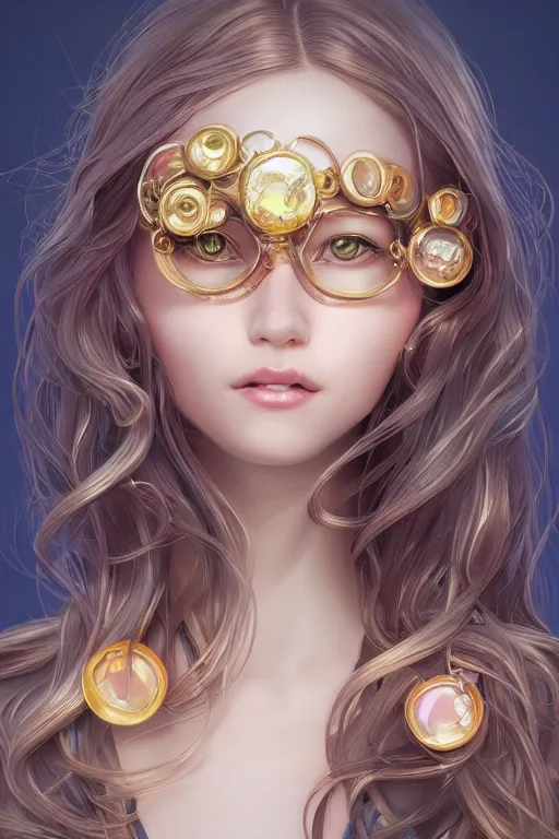 Prompt: intricate, richly detailed colored 3 d illustration of a beautiful ornated cute woman with long metallic gem hair background with completely rendered reflections, art by range murata and artgerm highly detailed, digital painting, trending on artstation