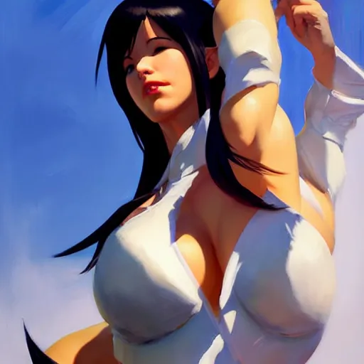 Image similar to Greg Manchess portrait painting o Tifa Lockheart as Overwatch character, medium shot, asymmetrical, profile picture, Organic Painting, sunny day, Matte Painting, bold shapes, hard edges, street art, trending on artstation, by Huang Guangjian and Gil Elvgren and Sachin Teng